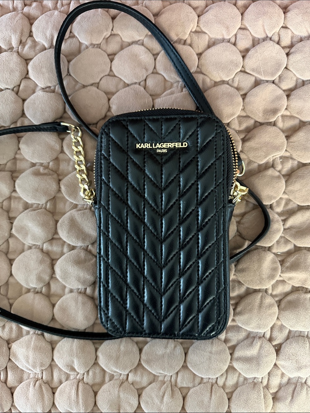 Karl Lagerfeld Black Quilted Crossbody Phone Pouch with Gold Hardware